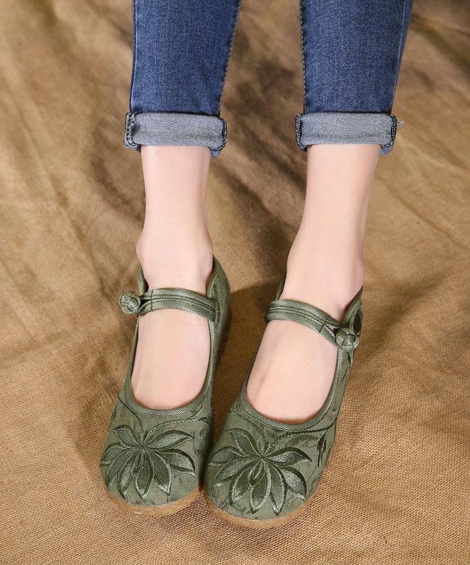 Chic Buckle Strap Flat Feet Shoes Green Embroideried Cotton Fabric - bagstylebliss