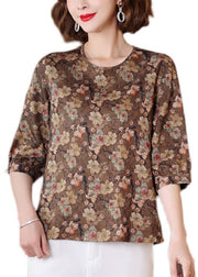 Chic Caramel O Neck Print Patchwork Silk Shirts Half Sleeve