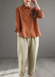 Chic Caramel Peter Pan Collar Button Linen Shirt Long Sleeve