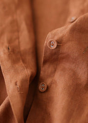 Chic Caramel Peter Pan Collar Button Linen Shirt Long Sleeve