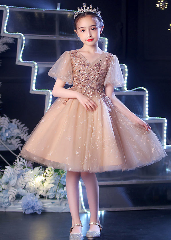 Chic Champagne Puff Sleeve Sequins Tulle Kids Girls Dress Summer