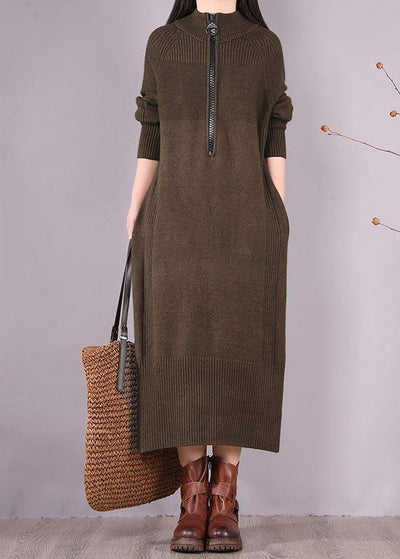 Chic Chocolate Dresses Zippered Pockets Maxi Spring Dress - bagstylebliss