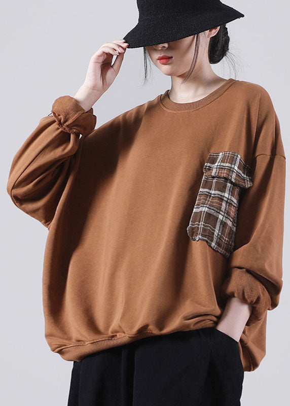 Chic Chocolate Loose O-Neck Pockets Fall Sweatshirts