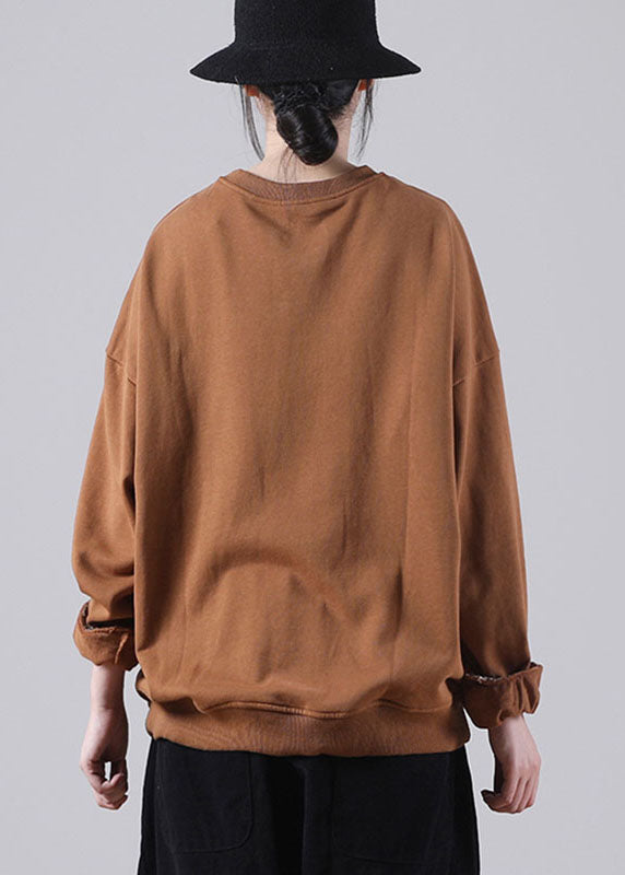 Chic Chocolate Loose O-Neck Pockets Fall Sweatshirts