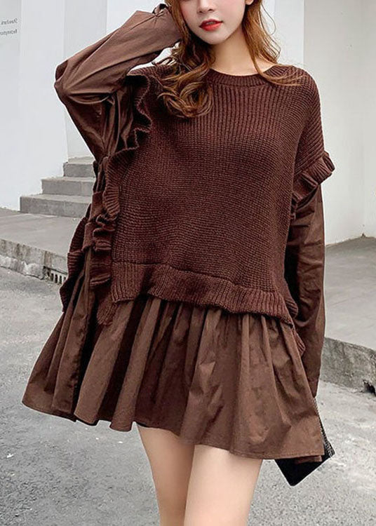 Chic Coffee Knit Patchwork gekräuselte Herbstpullover