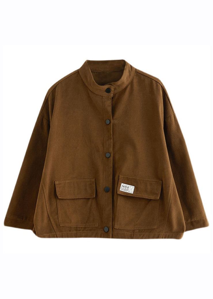 Chic Coffee Pockets Patchwork Button Coats Fall