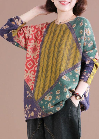 Chic Color Block O-Neck Print Cotton Sweater - bagstylebliss