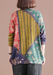 Chic Color Block O-Neck Print Cotton Sweater - bagstylebliss