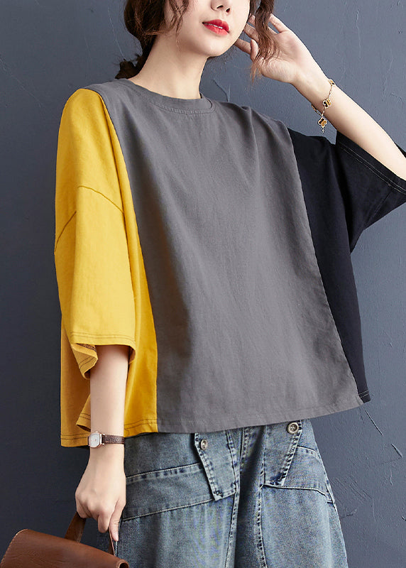 Chic Colorblock Oversized Patchwork Cotton Tanks Batwing Sleeve