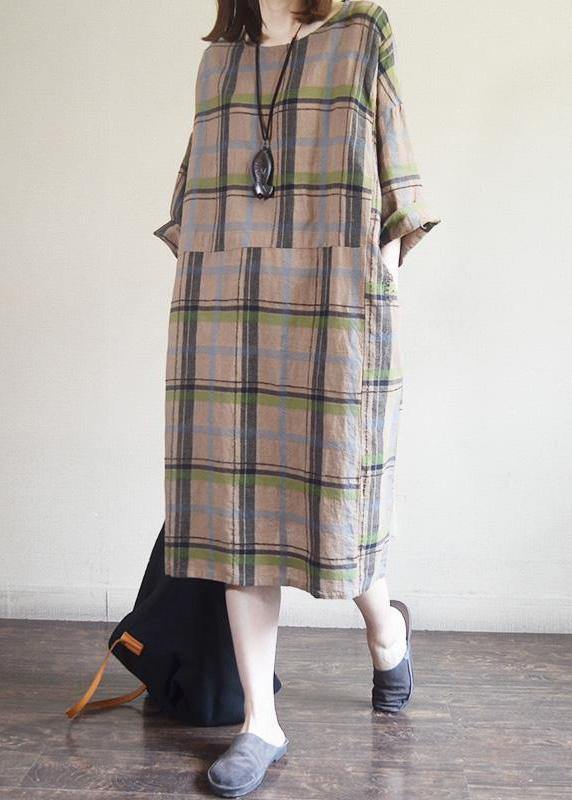 Chic Cotton tunic top 2019 Vintage Plaid Round Neck Cotton Linen Dress - bagstylebliss
