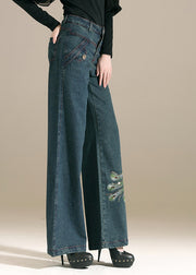 Chic Denim Blue Sequins Embroideried Pockets Cotton Wide Leg Pants Summer