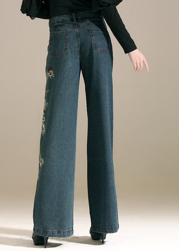 Chic Denim Blue Sequins Embroideried Pockets Cotton Wide Leg Pants Summer