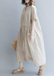 Chic Drawstring Cotton Summer Clothes For Women Runway Khaki long Dresses - bagstylebliss