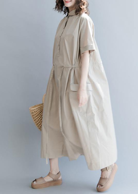 Chic Drawstring Cotton Summer Clothes For Women Runway Khaki long Dresses - bagstylebliss