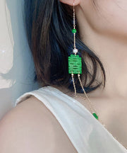 Chic Dry Green Jade Overgild Jade Pearl Tasserl Drop Earrings