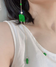 Chic Dry Green Jade Overgild Jade Pearl Tasserl Drop Earrings