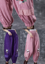 Chic Dull Purple Embroidered Patchwork Corduroy Pants Fall