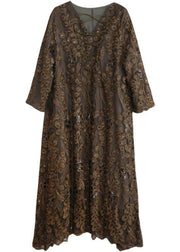 Chic Embroidery Dress Lnspiration Chocolate Green Long Dresses - bagstylebliss