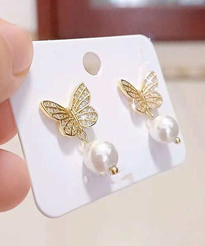 Chic Gold Silver Overgild Pearl Butterfly Stud Earrings