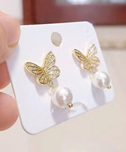 Chic Gold Silver Overgild Pearl Butterfly Stud Earrings