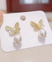 Chic Gold Silver Overgild Pearl Butterfly Stud Earrings