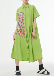 Chic Grass Green Asymmetrical Button Patchwork Silk Cotton Shirts Dress Summer