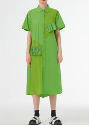 Chic Grass Green Ruffled Button Patchwork Cotton Shirts Dress Summer