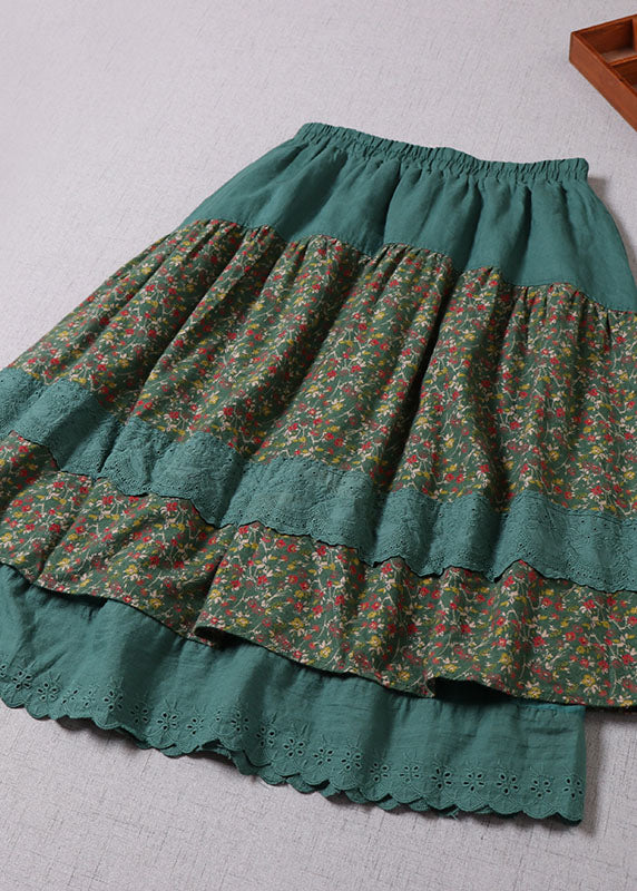 Chic Green Lace Patchwork Print Skirts Winter