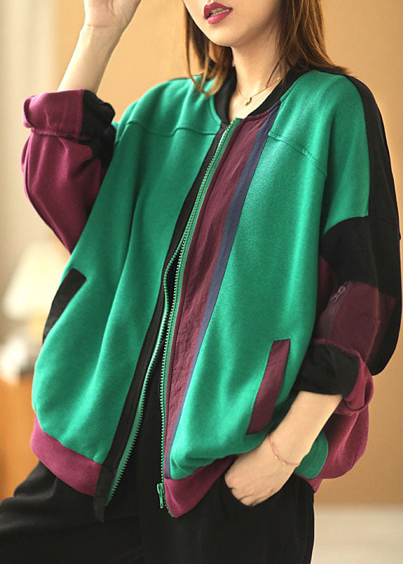 Chic Green Loose Pockets Patchwork Fall Long sleeve Coat