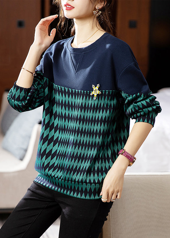 Chic Green O Neck Print Patchwork Cotton Sweatshirt Fall