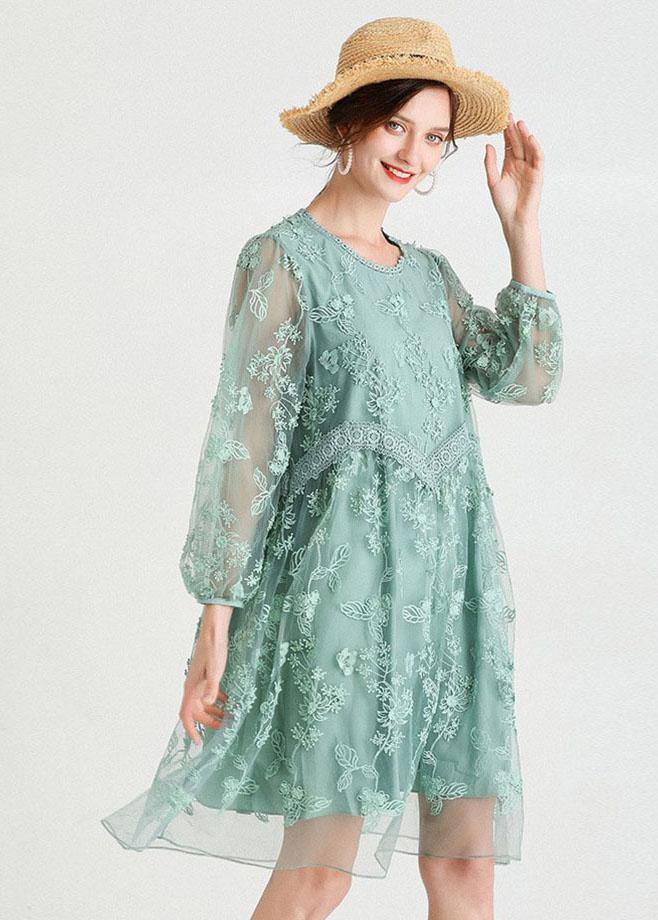 Chic Green O-Neck Tulle A Line Fall Lace Long Sleeve Mid Dress - bagstylebliss