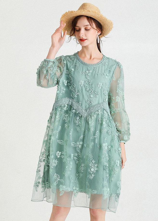 Chic Green O-Neck Tulle A Line Fall Lace Long Sleeve Mid Dress - bagstylebliss