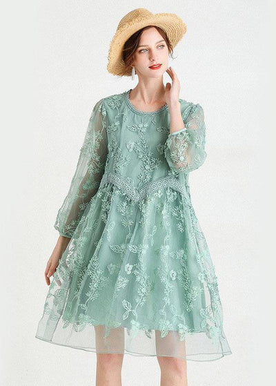 Chic Green O-Neck Tulle A Line Fall Lace Long Sleeve Mid Dress - bagstylebliss