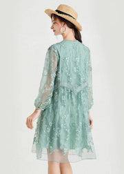 Chic Green O-Neck Tulle A Line Fall Lace Long Sleeve Mid Dress - bagstylebliss