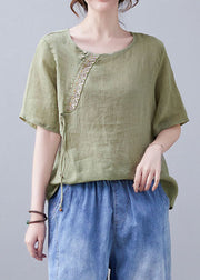 Chic Green O-Neck Stickerei Shirt Short Sleeve