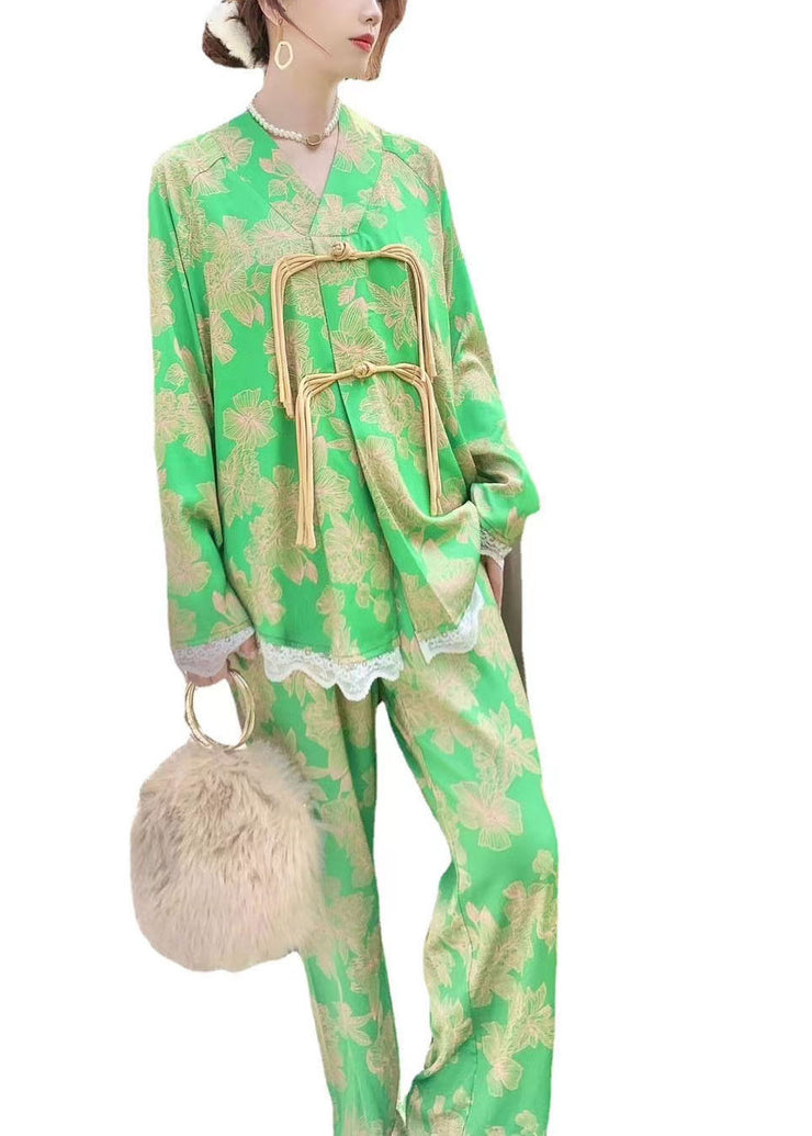 Chic Green Oriental Button Lace Patchwork Ice Silk Pajamas Two Pieces Set Spring