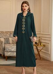 Chic Green Patchwork Zircon Hooded Silk Long Dresses Long Sleeve