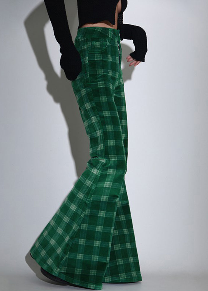 Chic Green Plaid Pockets Corduroy Flare Bottoms Spring