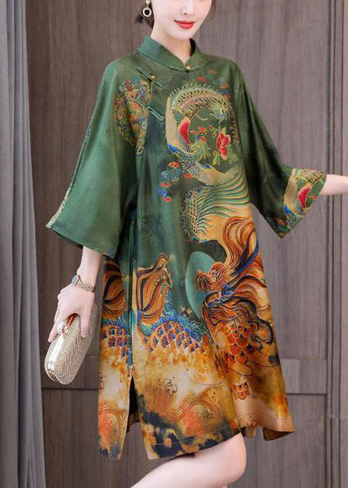 Chic Green Print Chinese Style Silk A Line Dresses Spring