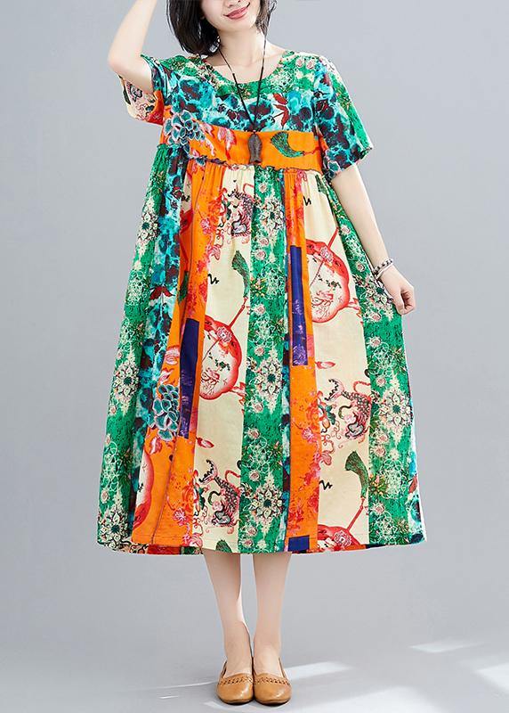 Chic Green Print Dresses O Neck Patchwork Maxi Spring Dress - bagstylebliss