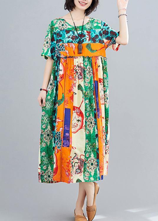 Chic Green Print Dresses O Neck Patchwork Maxi Spring Dress - bagstylebliss