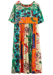 Chic Green Print Dresses O Neck Patchwork Maxi Spring Dress - bagstylebliss