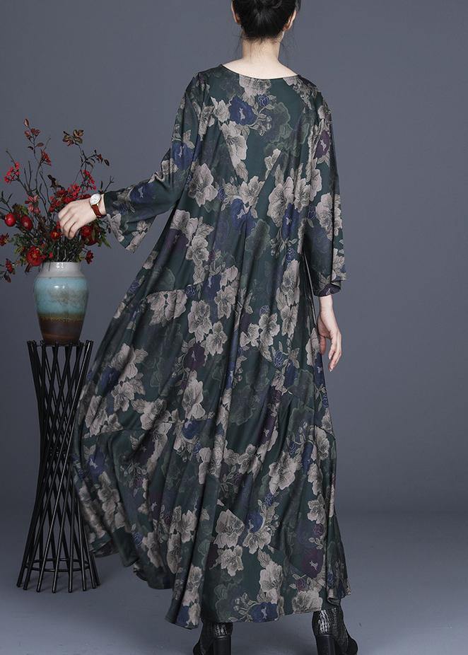Chic Green Print Silk asymmetrical design Mid Dress Summer - bagstylebliss