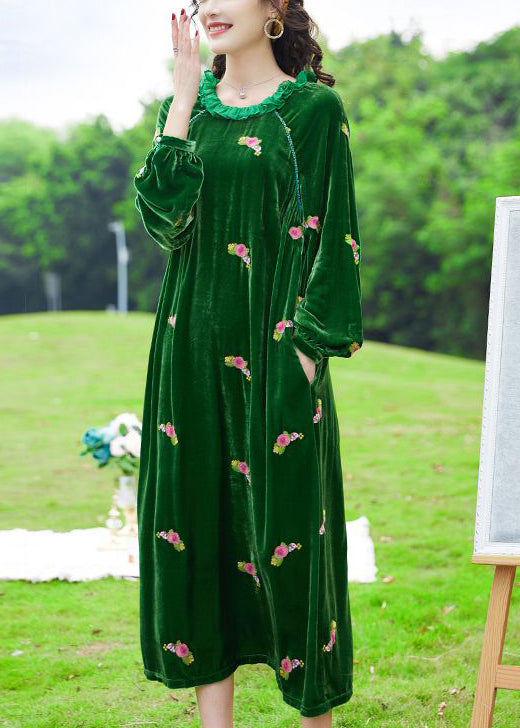 Chic Green Ruffled Embroidered Floral Silk Velour Maxi Dresses Spring