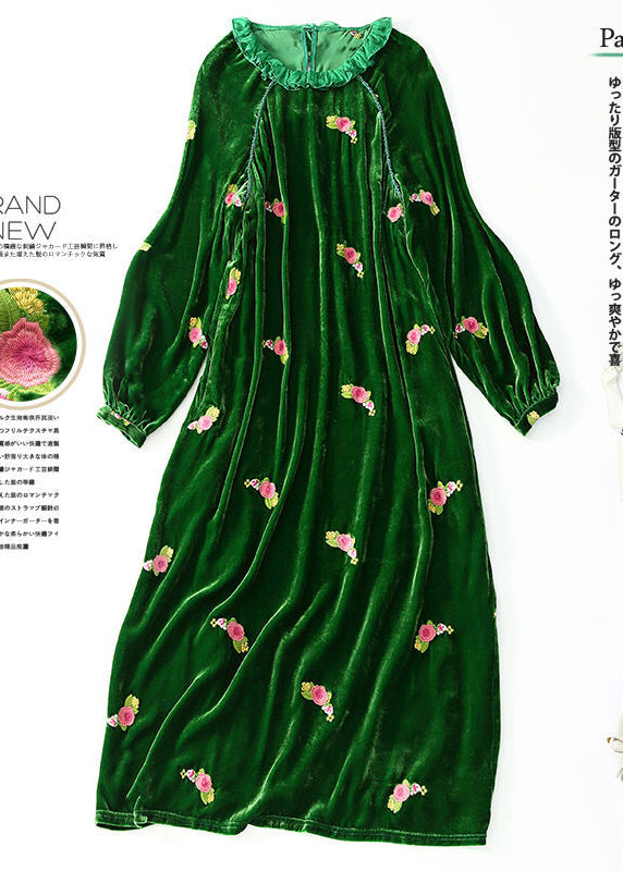 Chic Green Ruffled Embroidered Floral Silk Velour Maxi Dresses Spring