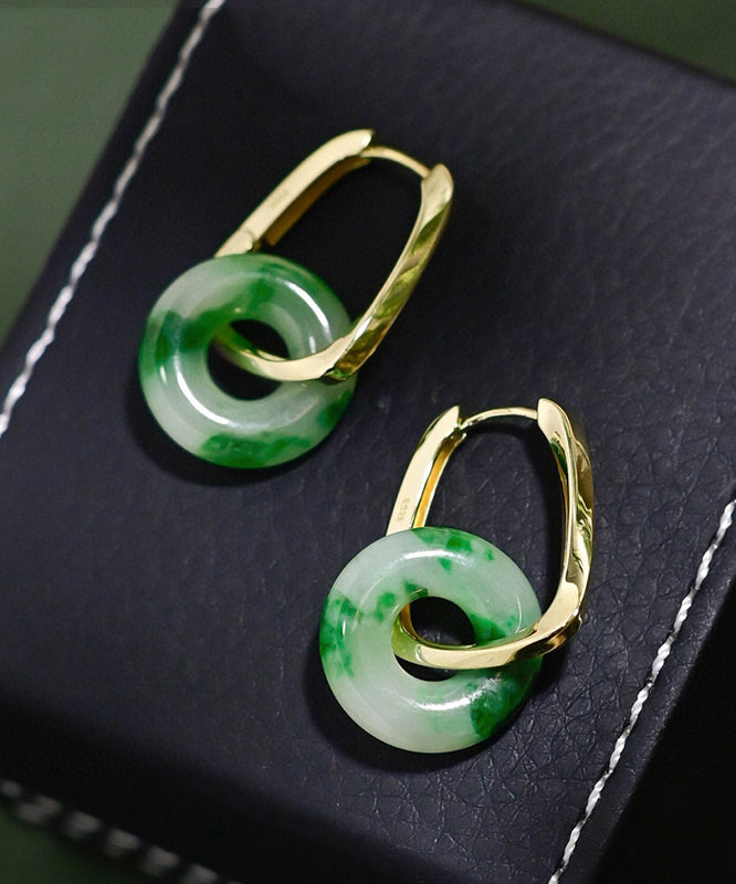 Chic Green Sterling Silver Overgild Jade Hoop Earrings