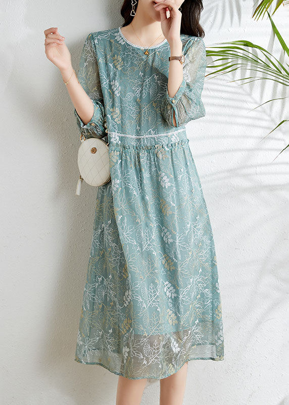 Chic Grey Blue Hollow Out Embroideried Silk Dress Long Sleeve