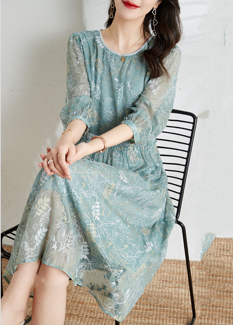 Chic Grey Blue Hollow Out Embroideried Silk Dress Long Sleeve