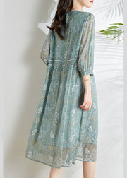 Chic Grey Blue Hollow Out Embroideried Silk Dress Long Sleeve