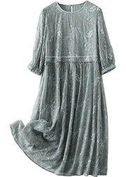 Chic Grey Blue Hollow Out Embroideried Silk Dress Long Sleeve